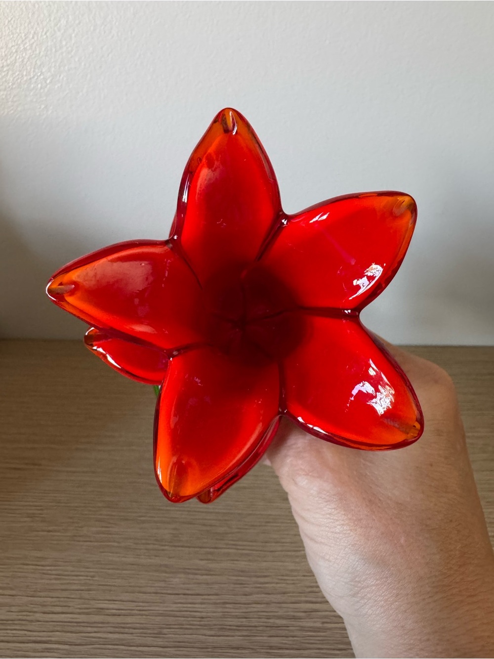 Red Glass Flower Sculpture or Candle Holder with Green Stem - Picture 8 of 9